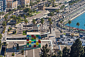 Hafen-Promenade Muelle Uno mit dem Museum Pompidou von oben gesehen, Málaga, Andalusien, Spanien