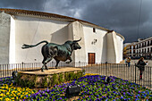 Bull sculpture in front of the bullring, Ronda, Andalucia, Spain