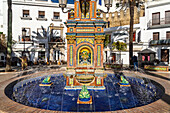 Fountain in Plaza España square, Vejer de la Frontera, Andalusia, Spain