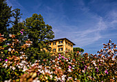 Tuscan house framed by floral arrangements in a park, Montecatini Terme, Tuscany, Italy