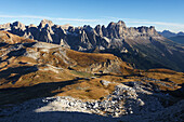 In the evening on the Petz, Sciliar. View of the Catinaccio, Dolomites, South Tyrol, Italy.