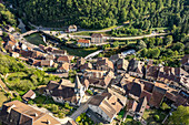 The village of Lods and the Loue river seen from the air, Bourgogne-Franche-Comté, France, Europe