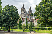 The Jardin Public urban park and Saint-Ours Collegiate Church, Loches Castle, Loire Valley, France