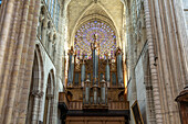 Church organ and rose window in the interior of the Saint-Gatien Cathedral in Tours, Loire Valley, France