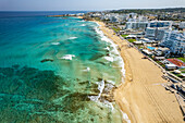Hotels on Sunrise Beach seen from the air, Protaras, Cyprus, Europe