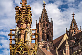 Fischbrunnen Detail und das Freiburger Münster am Münsterplatz, Freiburg im Breisgau, Schwarzwald, Baden-Württemberg, Deutschland