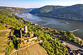 Ruine der Burg Fürstenberg und der Rhein bei Rheindiebach, Welterbe Oberes Mittelrheintal, Rheinland-Pfalz, Deutschland