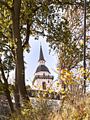 View of the spire of the monastery church of Michaelsberg Abbey, Siegburg, NRW, Germany