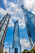 Drei Wolkenkratzer Reflexionsmuster, Liujiashui Financial District, Shanghai, China. Shanghai Tower, Shanghai World Financial Center und Jin Mao Tower