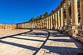 Oval Plaza, 160 ionische Säulen, Jerash, Jordanien. Jerash kam zwischen 300 v. Chr. und 100 n. Chr. an die Macht und war bis 600 n. Chr. eine Stadt. Erst 1112 n. Chr. von Kreuzfahrern erobert. Berühmtes Handelszentrum. Ursprünglichste römische Stadt im Nahen Osten.