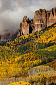 Cimarron Range bei Sonnenuntergang im Herbst, San Juan Mountains, östlichen Ouray County, Colorado