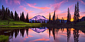 USA, Washington State, Mt. Rainier National Park. Tipsoo Lake panoramic at sunset