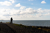 Man on a bike overlooking the North sea near Groede in the Zeeland province of the Netherlands.