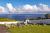 Der idyllisch am Meer gelegene Friedhof Cemitério da Fazenda auf der Insel Flores, Azoren, Portugal