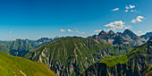 Panorama from Wildengundkopf, 2238m to Höfats 2259m, Großer Wilder, 2379m, Öfnerspitze, 2576m, and Großer Krottenkopf, 2656m Allgäu Alps, Allgäu, Bavaria, Germany, Europe