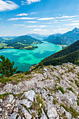 View from the summit of the Drachenwand over the Mondsee to the Schafberg, the Attersee and the Höllengebirge, Salzkammergut, Austria