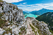 View from the summit of the Drachenwand over the Mondsee to the Schafberg, the Attersee and the Höllengebirge, Salzkammergut, Austria