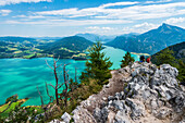 View from the summit of the Drachenwand over the Mondsee to the Schafberg, the Attersee and the Höllengebirge, Salzkammergut, Austria
