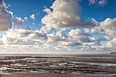 Mud flats at Plage de Honfleur in the evening light, Calvados, Normandy, France
