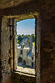 Window in the ruins of Gratot Castle Château de Gratot, Normandy, France