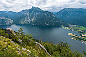 View from the Großer Sonnstein on Ebensee and the Traunsee in the Salzkammergut, Upper Austria, Austria