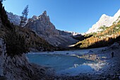Reflection on Lake Sorapis, on the Tre Croci Pass above Cortina d´Ampezzo, Dolomites, Veneto, Italy