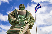 The Monumento de Diogo Gomes with Cape Verde flag, Praia, Boa Vista, Cape Verde, Africa