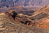 Various colors testify to the recent eruption of the Pico de Fogo volcano that formed the lateral crater Pico Pequeno, Fogo Island, Cape Verde