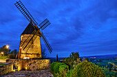 Illuminated windmill Moulin du Cugarel, Castelnaudary, Canal du Midi, UNESCO World Heritage Canal du Midi, Occitania, France