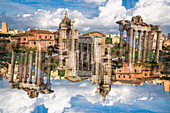 Double exposure of Roman columns on Palatine hill in Rome, Italy.