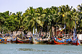 Fishing village of Ada Foah with brightly painted boats on the banks of the Volta River in the Greater Accra region of eastern Ghana in West Africa