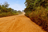 rote Sandpiste, Straße nach Hohoe in der Volta-Region im Osten von Ghana in Westafrika