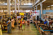 Market hall with food in the Central Market in Kumasi in the Ashanti Region in central Ghana in West Africa