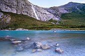 Glacial lake at the foot of the Briksdalsbre glacier in Norway.