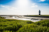 Black and white lighthouse, Kleiner Preusse lighthouse, Wremen, Wadden Sea, North Sea, Lower Saxony, Germany