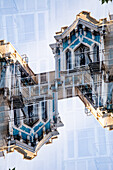 Double exposure of a wooden residential building on California street in San Francisco, California.