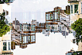 Double exposure of residential buildings on top of Union Street in San Francisco, California.