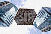 Doppelbelichtung der Hochhäuser in der California Street im Bereich Financial District von San Francisco, Kalifornien.