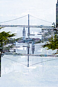 Doppelbelichtung der Skyline von San Francisco mit der Golden Gate Bridge im Hintergrund, vom Aussichtspunkt Colt Tower aus gesehen.
