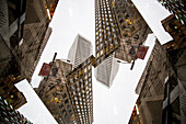 Double exposure of a highrise building on Pine street in the Financial District area of San Francisco, California.