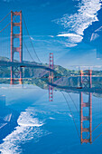 Doppelbelichtung der berühmten Golden Gate Bridge vom Golden Gate Vista Point South in San Francisco, Kalifornien.