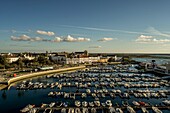 View of the old town, the Marina (yacht port), the Jardim Manuel Bivar and the Ria Formosa, Faro, Algarve, Portugal