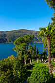 View to Lombardy in Italy and Lake Lugano with Mountain and Blue Clear Sky From Morcote, Ticino, switzerland.