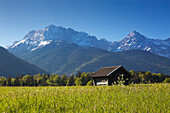 Blick über die Buckelwiesen zum Karwendel, bei Krün, Bayern, Deutschland