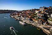View of Ribeira old town and historic center from Ponte Dom Luis I bridge, Oporto, Oporto, Portugal, Europe