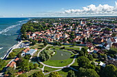 Aerial view of lake with fountain in Almedalen Park in the old town, Visby, Gotland, Sweden, Europe