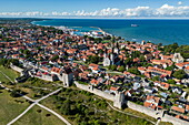 Aerial view of the city walls, Visby Cathedral and the old town, Visby, Gotland, Sweden, Europe
