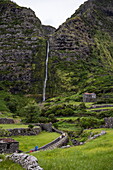 Path to Cascata do Poco do Bacalhau waterfall, Fajã Grande, Flores island, Azores, Portugal, Europe