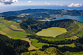 Aerial view of Lagoa Verde a Lagoa Azul até Sete Cidades seen from Miradouro da Boca do Inferno viewpoint, near Santo António, Sao Miguel Island, Azores, Portugal, Europe