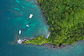 Aerial view of people swimming and snorkeling in Moilinere Bay from tour boats, near Saint George's, Saint George, Grenada, Caribbean